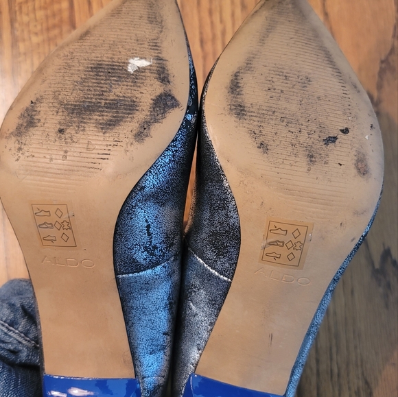 Aldo Black Cracked Genuine Leather Pointed Toe Blue Heels Shoes Stilletos - Picture 15 of 16